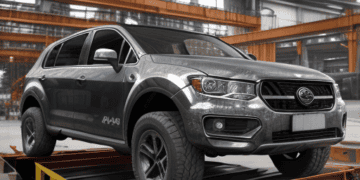 A silver suv, known for its carbon emissions, is sitting on a platform in a factory, attracting attention from Greenpeace and automakers.