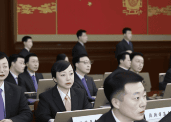 A group of people sitting at desks in front of a Chinese flag, with questions arising about the involvement of Bain & Company and Chinese authorities.