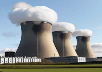 The UK Government unveils ambitious plans for nuclear power expansion, featuring three cooling towers with smoke coming out of them.
