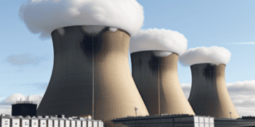The UK Government unveils ambitious plans for nuclear power expansion, featuring three cooling towers with smoke coming out of them.