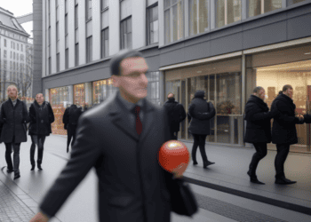 A group of German people walking down a street with a red ball.