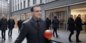 A group of German people walking down a street with a red ball.