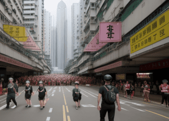 A group of emigrants strolling through the streets of Hong Kong.