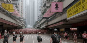 A group of emigrants strolling through the streets of Hong Kong.
