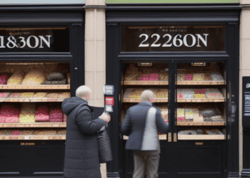 Two people walking past a store with a significant drop in UK shop price inflation.