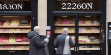 Two people walking past a store with a significant drop in UK shop price inflation.