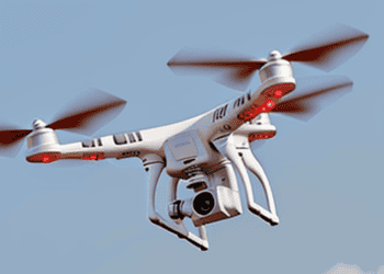 A Chinese-manufactured drone, colored white and red, flying in the sky.