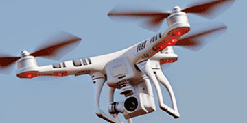 A Chinese-manufactured drone, colored white and red, flying in the sky.