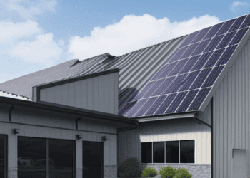 A rendering of a building with SolarEdge solar panels on the roof, showcasing cost-cutting measures.