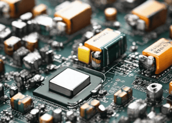 A close up of electronic components on a circuit board in the Semiconductor and Battery sectors.