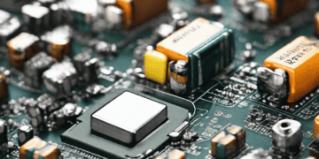 A close up of electronic components on a circuit board in the Semiconductor and Battery sectors.