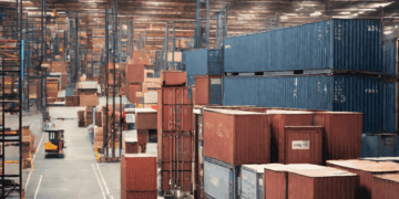 Warehouse interior with stacked shipping containers; supply chain logistics and finance. - Supply Chain News