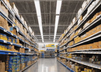 Empty Walmart aisle with shelves stocked with boxed goods. Supply chain management. - Supply Chain News
