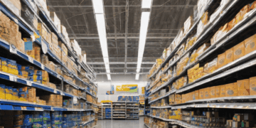 Empty Walmart aisle with shelves stocked with boxed goods. Supply chain management. - Supply Chain News