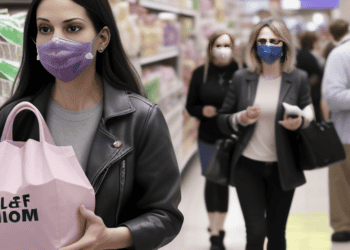 A woman wearing a face mask in a grocery store during persistent inflation.