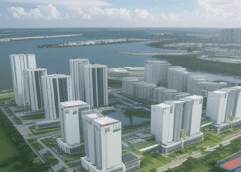 An artist's rendering of a residential area near a lake showcasing the future development by DMCI Power Corp. This idyllic setting offers residents access to both natural beauty and modern amenities, creating