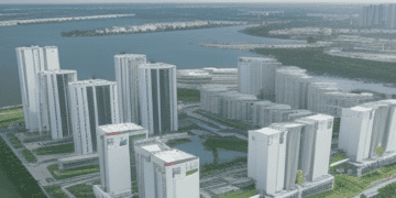 An artist's rendering of a residential area near a lake showcasing the future development by DMCI Power Corp. This idyllic setting offers residents access to both natural beauty and modern amenities, creating