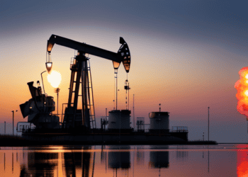 Oil pump jack at sunset, reflecting in calm water. U.S. crude oil production. - Supply Chain News