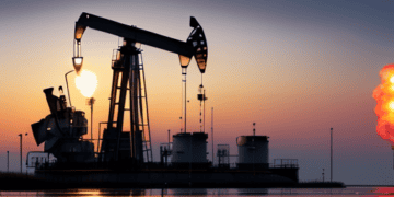 Oil pump jack at sunset, reflecting in calm water. U.S. crude oil production. - Supply Chain News