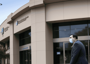 A man wearing a face mask walks in front of a building where challenges arise for depositors withdrawing funds from First Republic Bank.