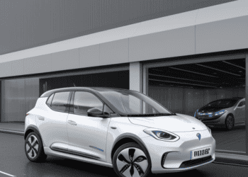 A white electric car, complying with the UK's Electric Car Rules, is parked in front of a building.