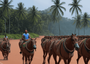 The brown horses, native to India, gallop through the scenic landscapes of Sri Lanka, showcasing their untamed beauty.