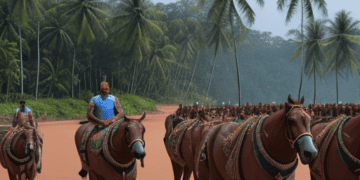 The brown horses, native to India, gallop through the scenic landscapes of Sri Lanka, showcasing their untamed beauty.