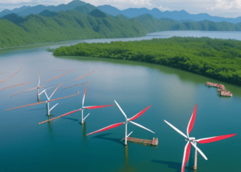 A group of wind turbines floating in a body of water, part of a renewable energy project led by an Thai energy firm.