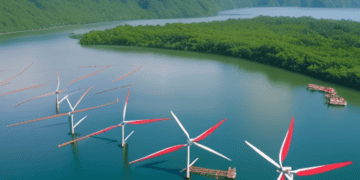 A group of wind turbines floating in a body of water, part of a renewable energy project led by an Thai energy firm.