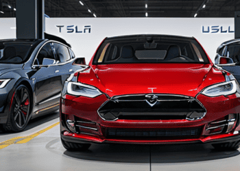 A red Tesla Model S with Q1 Profit Margins.