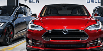 A red Tesla Model S with Q1 Profit Margins.