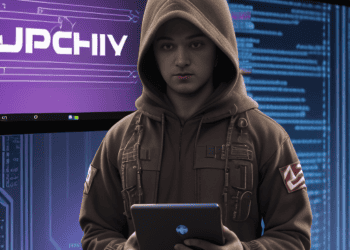 A man in a hoodie is holding a tablet in front of a monitor, checking alerts on Apache Superset.