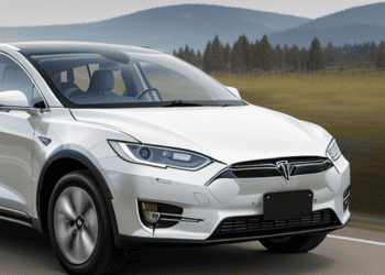 The Tesla Model X, an electric vehicle, is driving down the road.