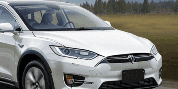 The Tesla Model X, an electric vehicle, is driving down the road.