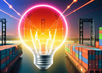 Lightbulb illuminating resilient supply chain, cargo ships, and port cranes. Navigating 2024's supply chain dynamics. - Supply Chain News