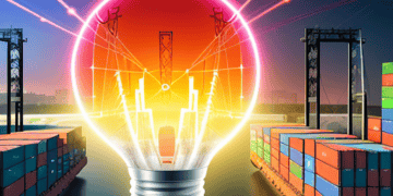 Lightbulb illuminating resilient supply chain, cargo ships, and port cranes. Navigating 2024's supply chain dynamics. - Supply Chain News