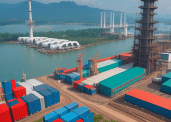Aerial view of a Southeast Asian port, showcasing shipping containers and industrial infrastructure. Illustrates Indonesia's manufacturing and supply chain. - Supply Chain News