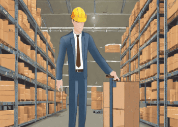 Businessman in hard hat moves boxes in warehouse, illustrating inventory management challenges. - Supply Chain News