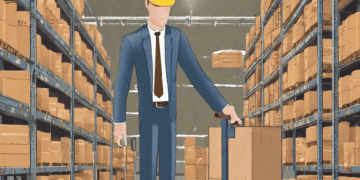 Businessman in hard hat moves boxes in warehouse, illustrating inventory management challenges. - Supply Chain News
