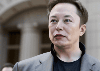 Elon Musk in front of a building surrounded by SEC Settlement papers.