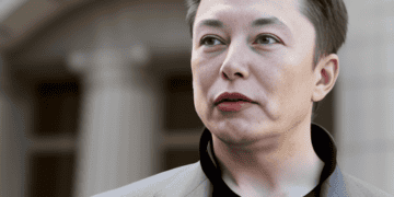 Elon Musk in front of a building surrounded by SEC Settlement papers.