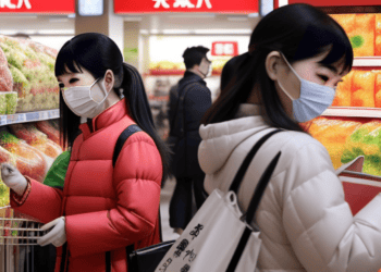 Two women wearing face masks in a Chinese supermarket.