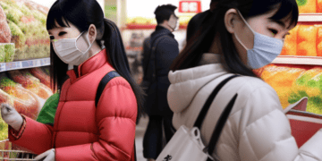 Two women wearing face masks in a Chinese supermarket.