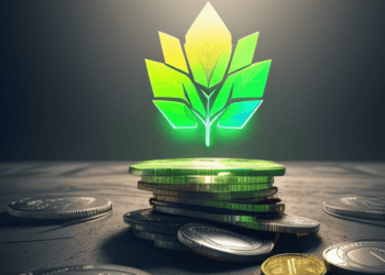 A stack of coins with a green leaf on top, representing the latest development in the crypto market.
