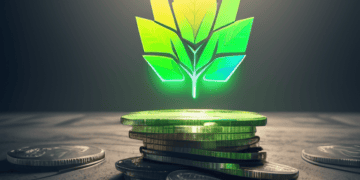 A stack of coins with a green leaf on top, representing the latest development in the crypto market.