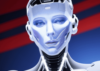 A 3D image of a female robot with blue eyes created using AI technology.