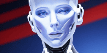 A 3D image of a female robot with blue eyes created using AI technology.