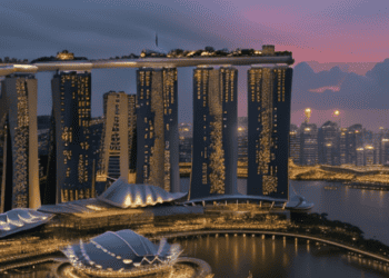 A city with many tall buildings and a body of water, showcasing the resilience of Singapore's economy amid global economic concerns.