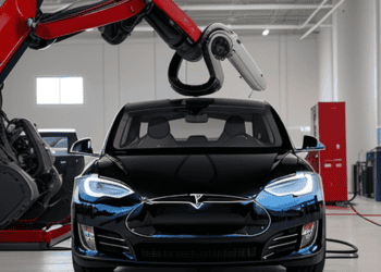 An Engineer's robot lifting a Tesla Model S in a garage at Giga Texas.