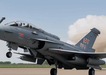 A fighter jet, manufactured by BAE Systems, is taking off from the runway.